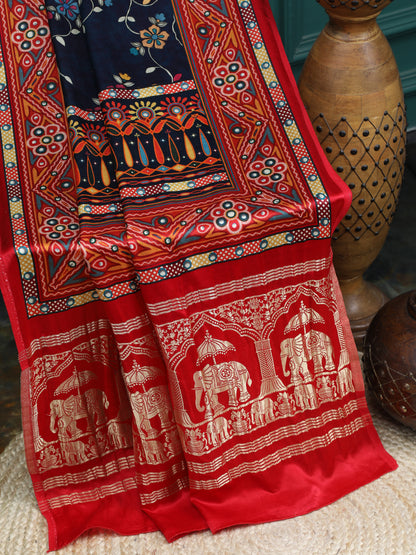 RED&BLUE KALAMKARI PRINT SAREE WITH HATHI BANARASI PALLU SAREE