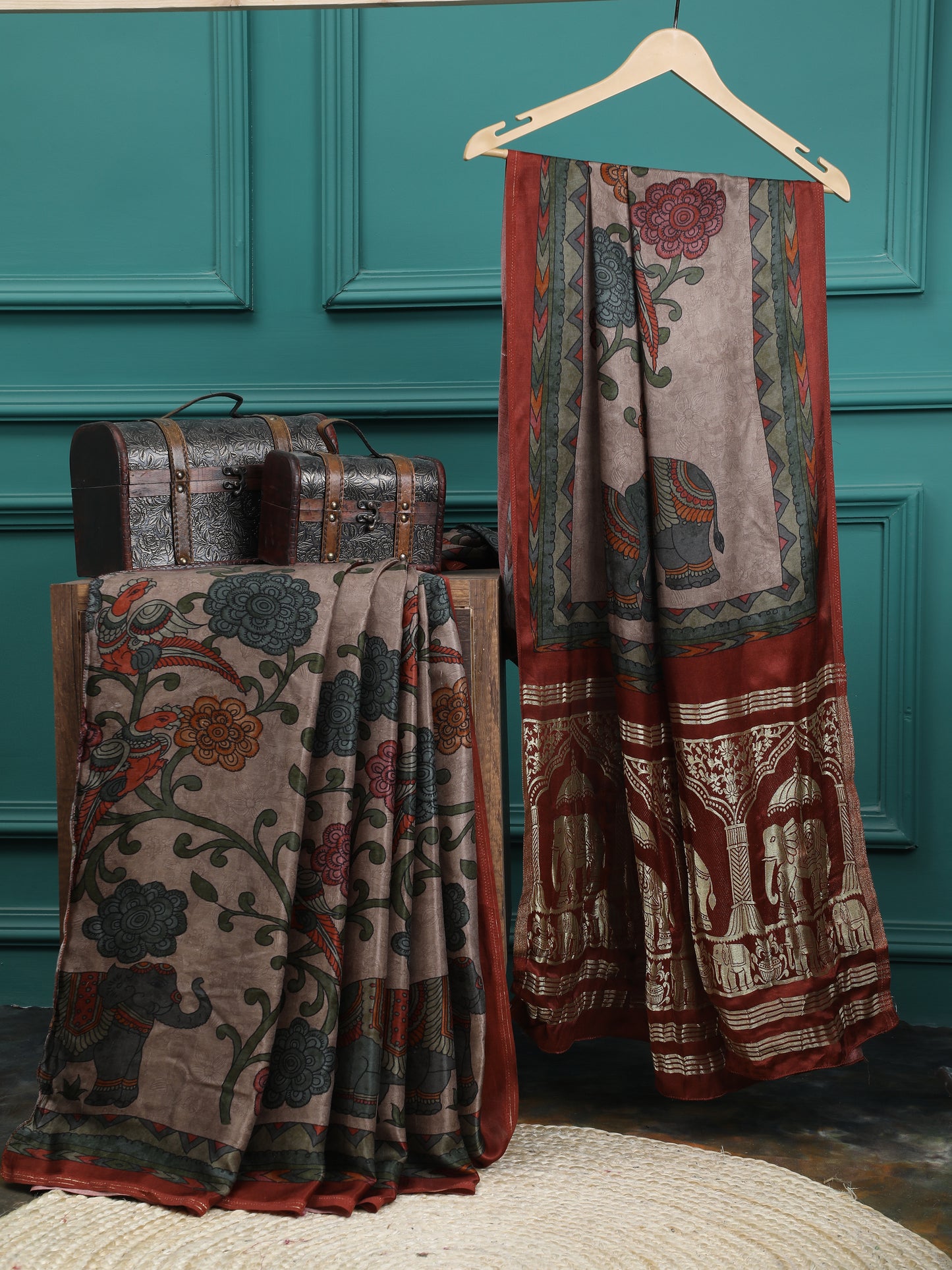 rust kalamkari print saree with hathi banarasi pallu saree