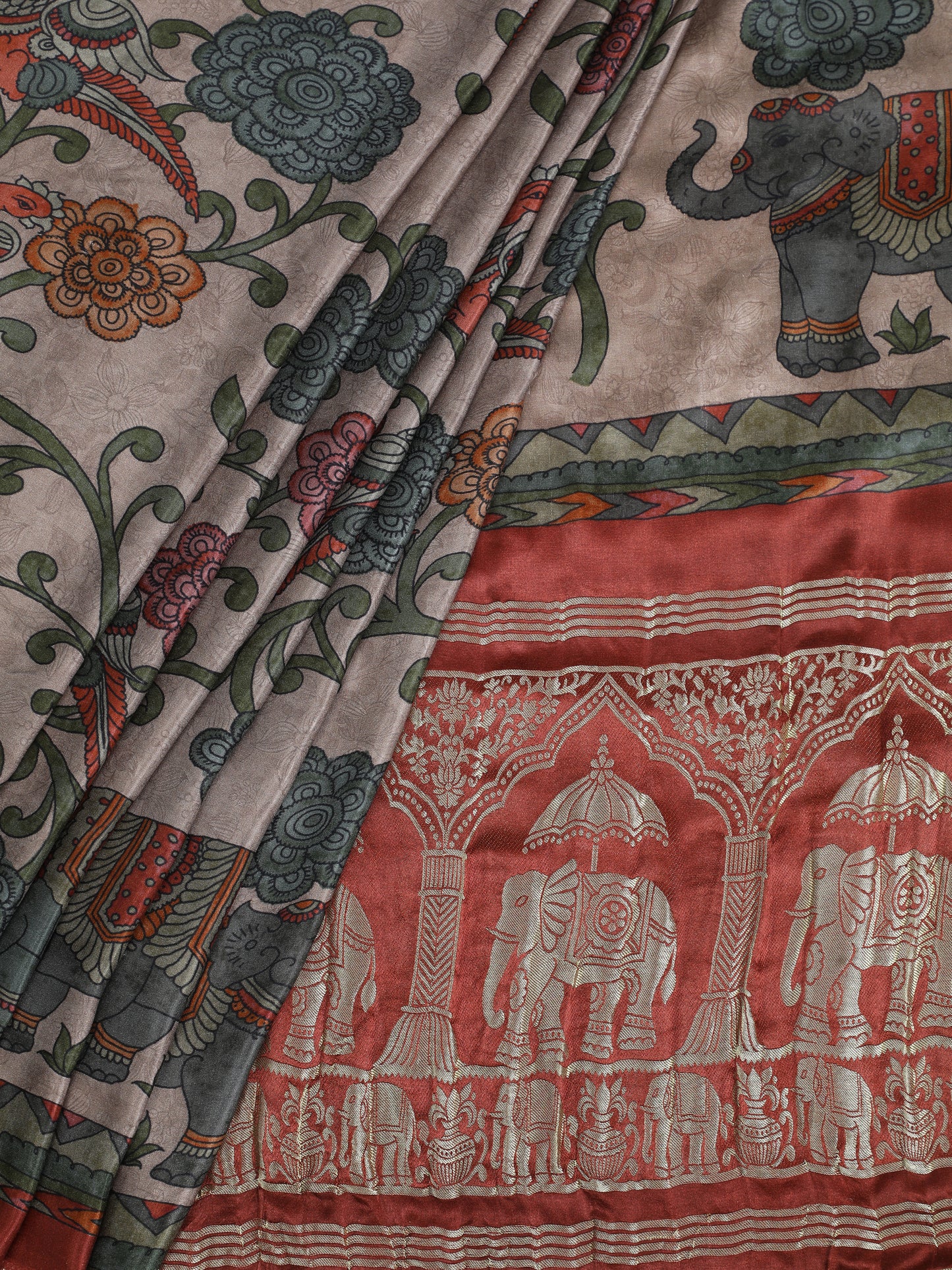 rust kalamkari print saree with hathi banarasi pallu saree