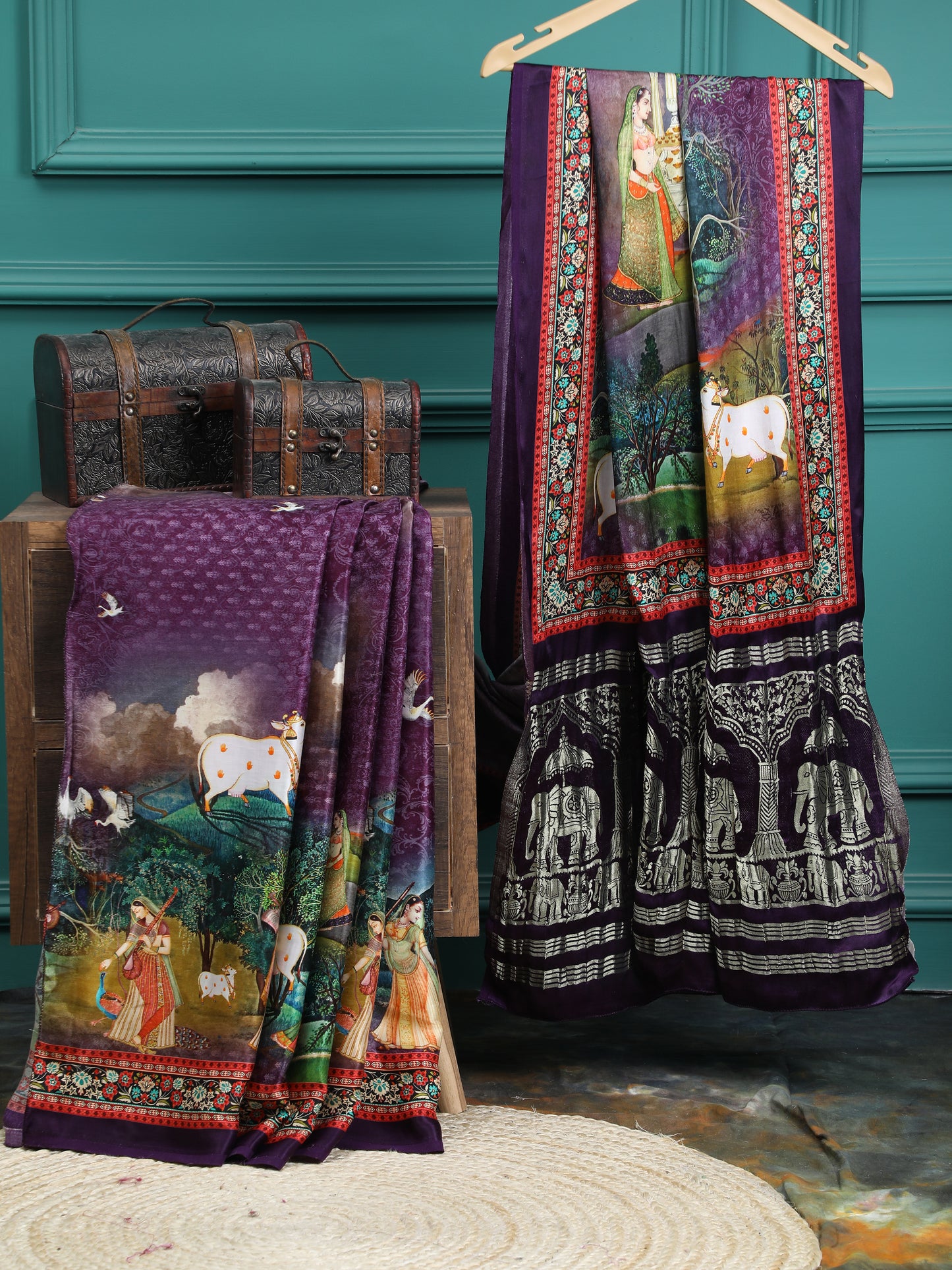 purple pichwai radha krishna print saree with hathi banarasi pallu saree