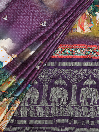 PURPLE PICHWAI RADHA KRISHNA PRINT SAREE WITH HATHI BANARASI PALLU SAREE