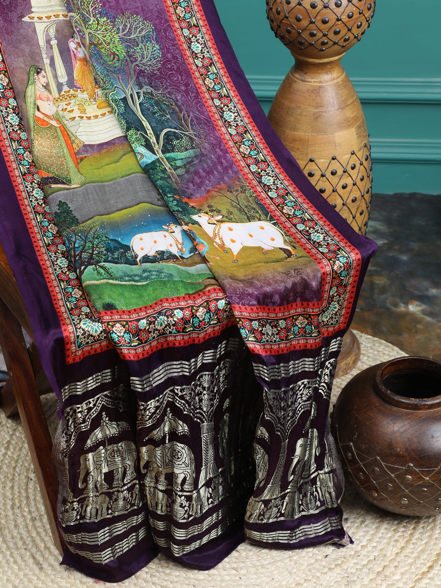 purple pichwai radha krishna print saree with hathi banarasi pallu saree