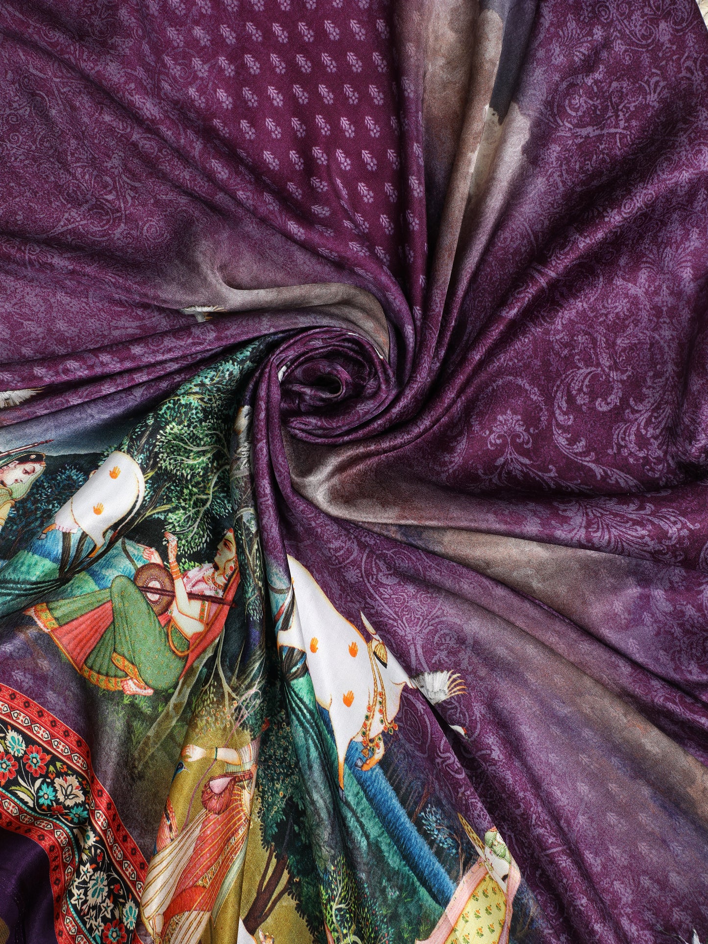 purple pichwai radha krishna print saree with hathi banarasi pallu saree