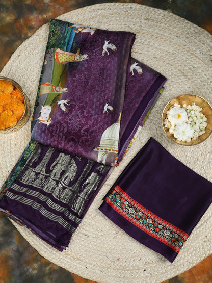 PURPLE PICHWAI RADHA KRISHNA PRINT SAREE WITH HATHI BANARASI PALLU SAREE