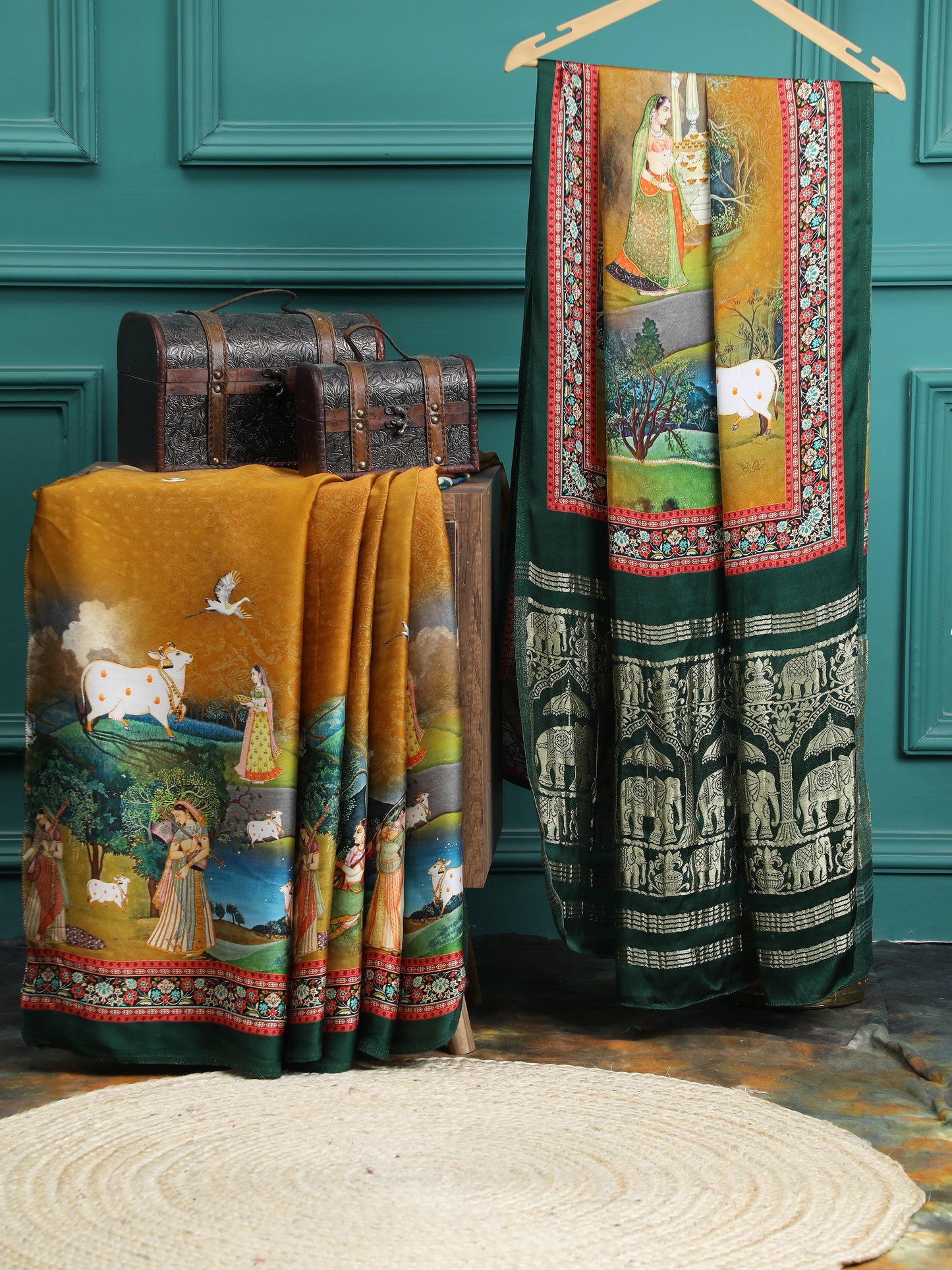 green&yellow pichwai radha krishna print saree with hathi banarasi pallu saree