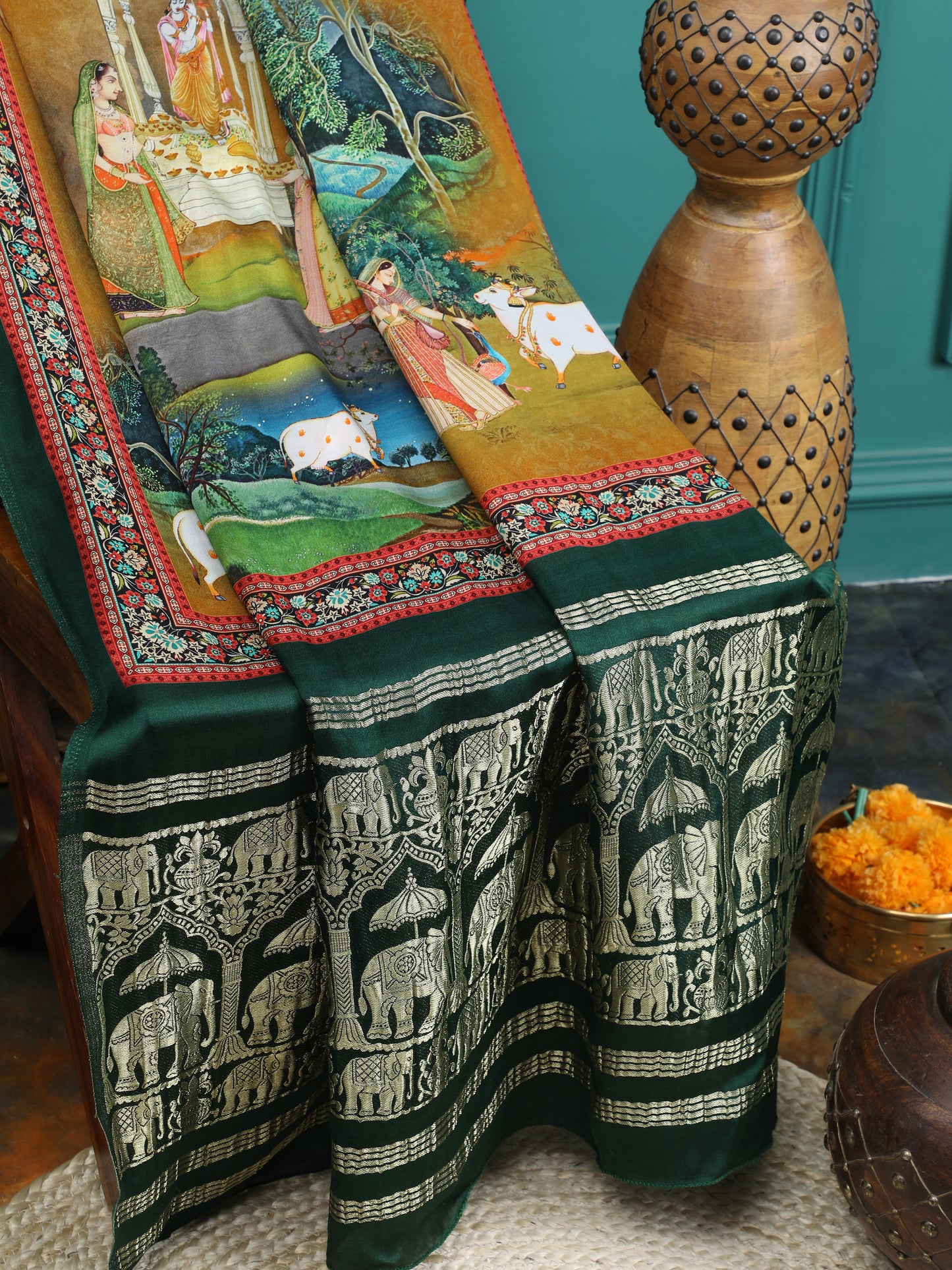 green&yellow pichwai radha krishna print saree with hathi banarasi pallu saree