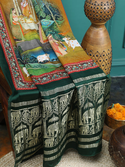 GREEN&YELLOW PICHWAI RADHA KRISHNA PRINT SAREE WITH HATHI BANARASI PALLU SAREE