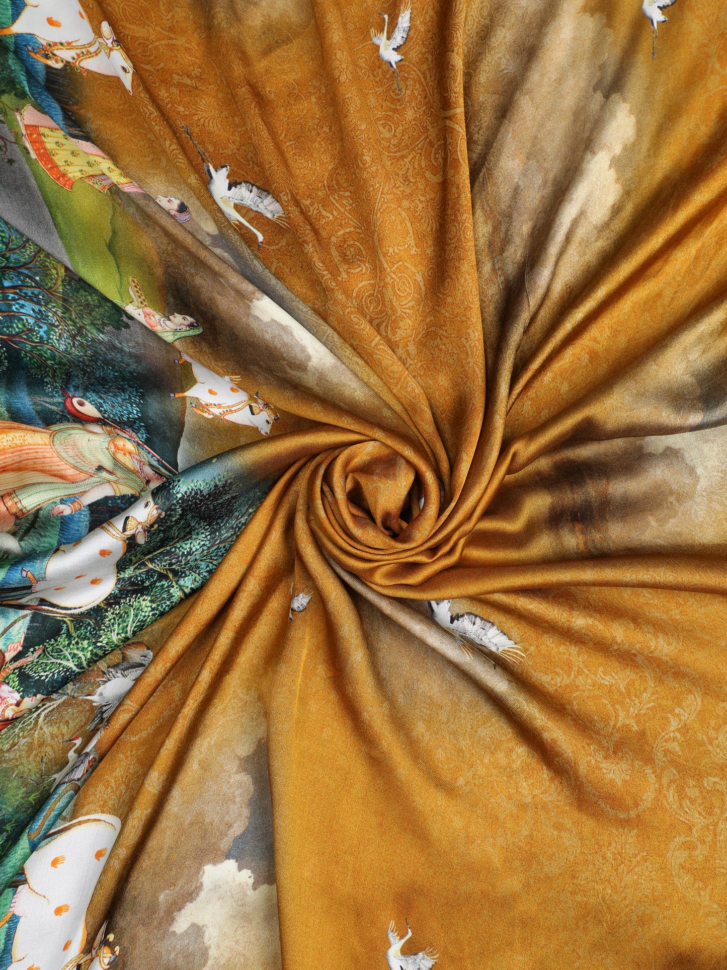 green&yellow pichwai radha krishna print saree with hathi banarasi pallu saree