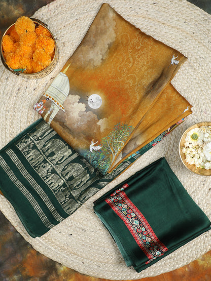 GREEN&YELLOW PICHWAI RADHA KRISHNA PRINT SAREE WITH HATHI BANARASI PALLU SAREE