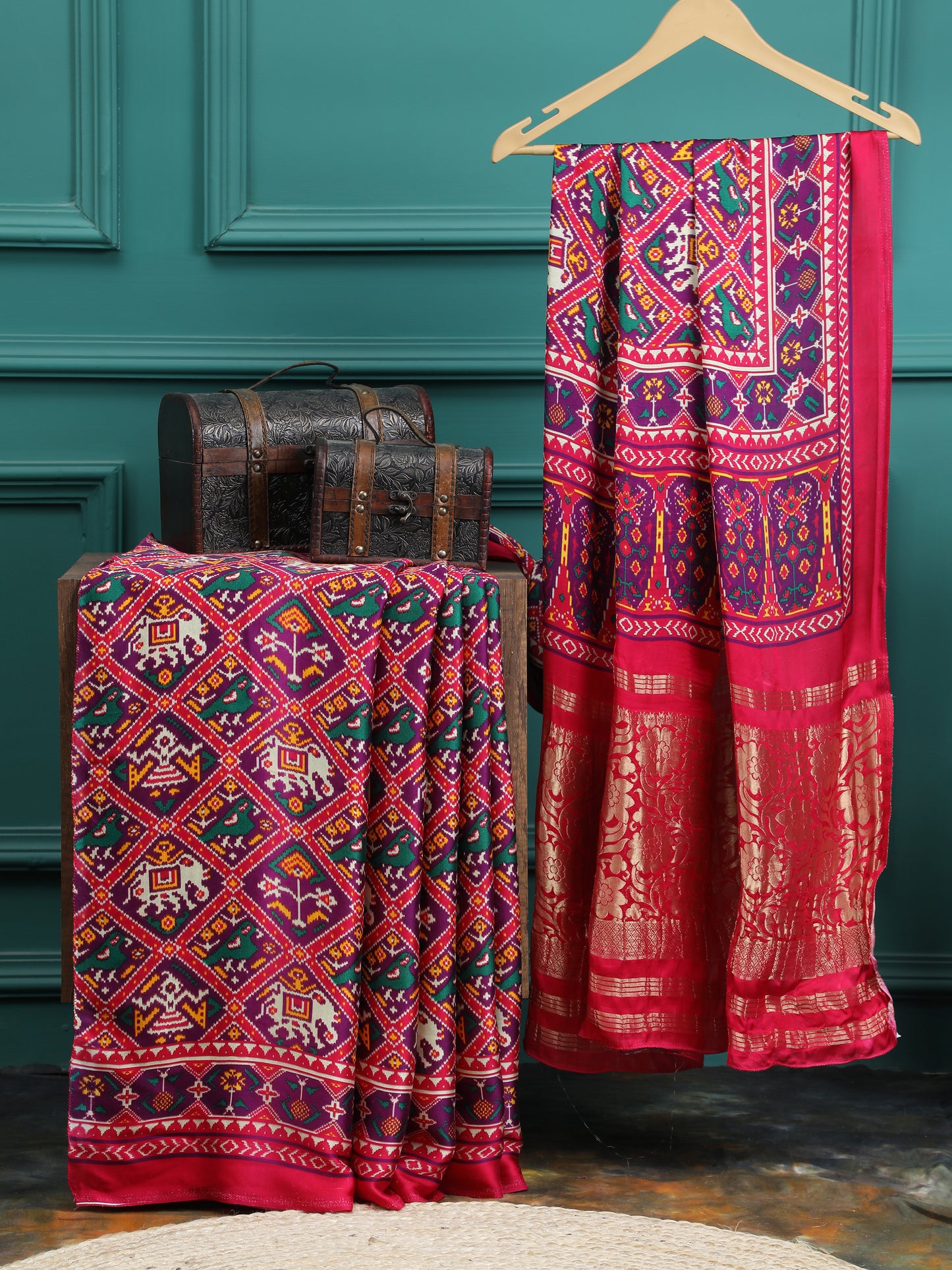 rani & purple ikkat saree with banarasi pallu