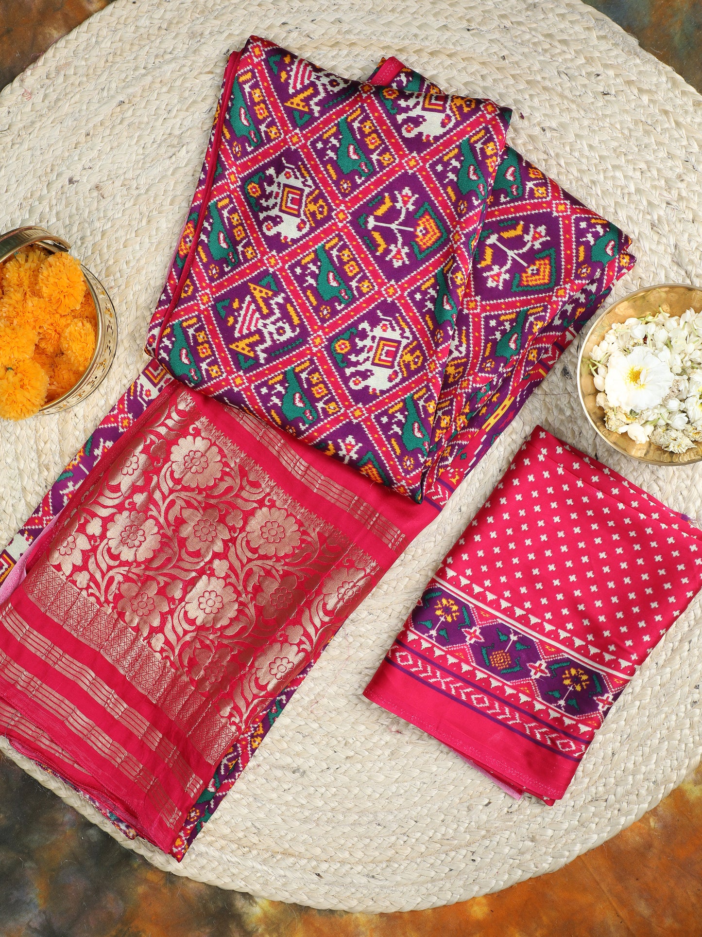 rani & purple ikkat saree with banarasi pallu