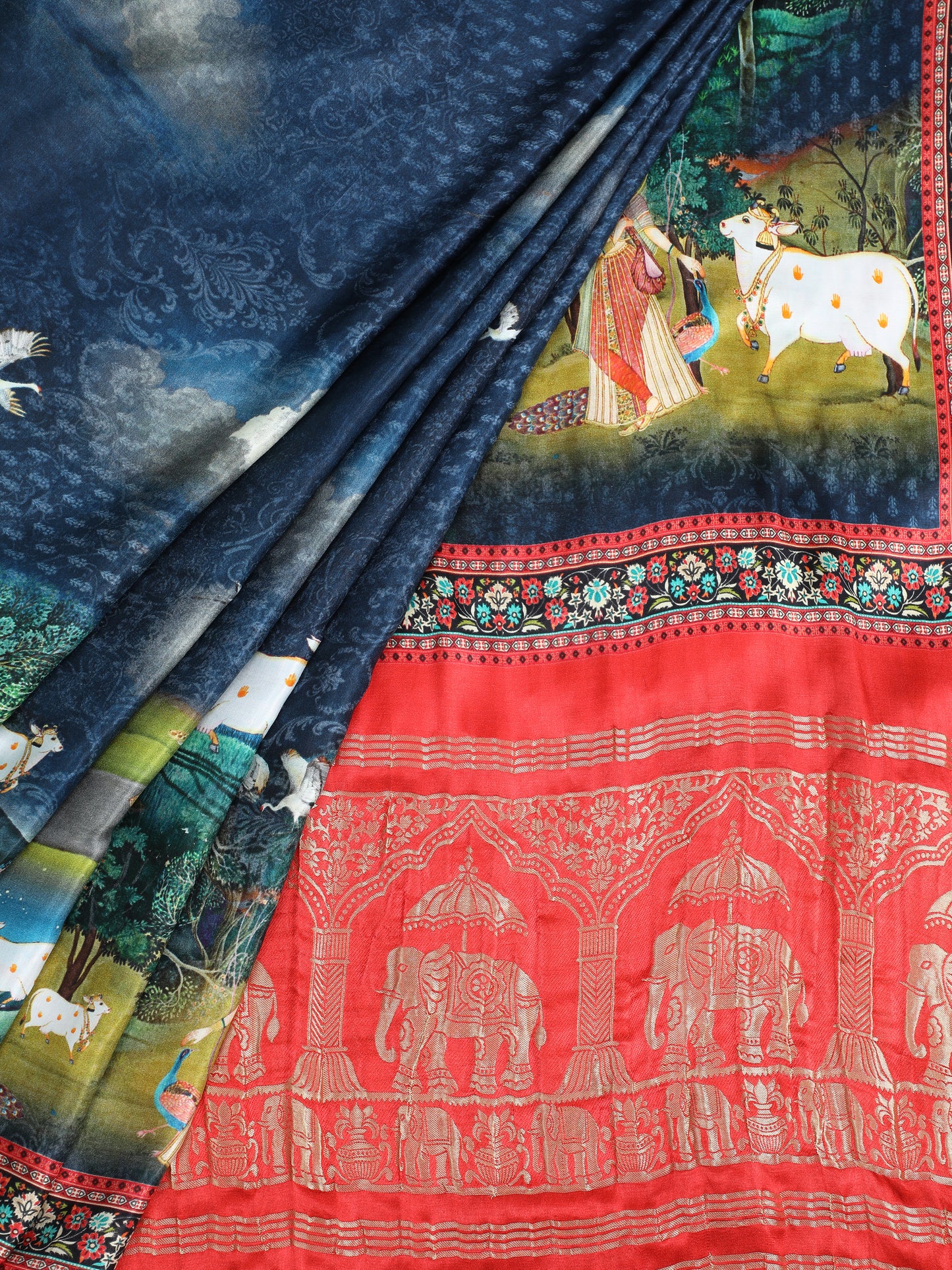 pichwai radha krishna print saree with hathi banarasi pallu saree