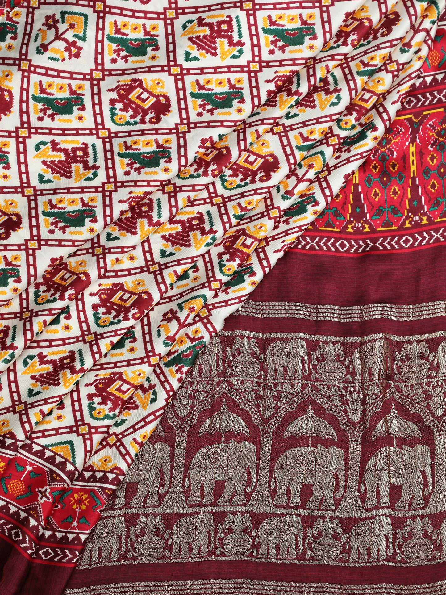 patola ikkat maroon & offwhite print saree with hathi banarasi pallu