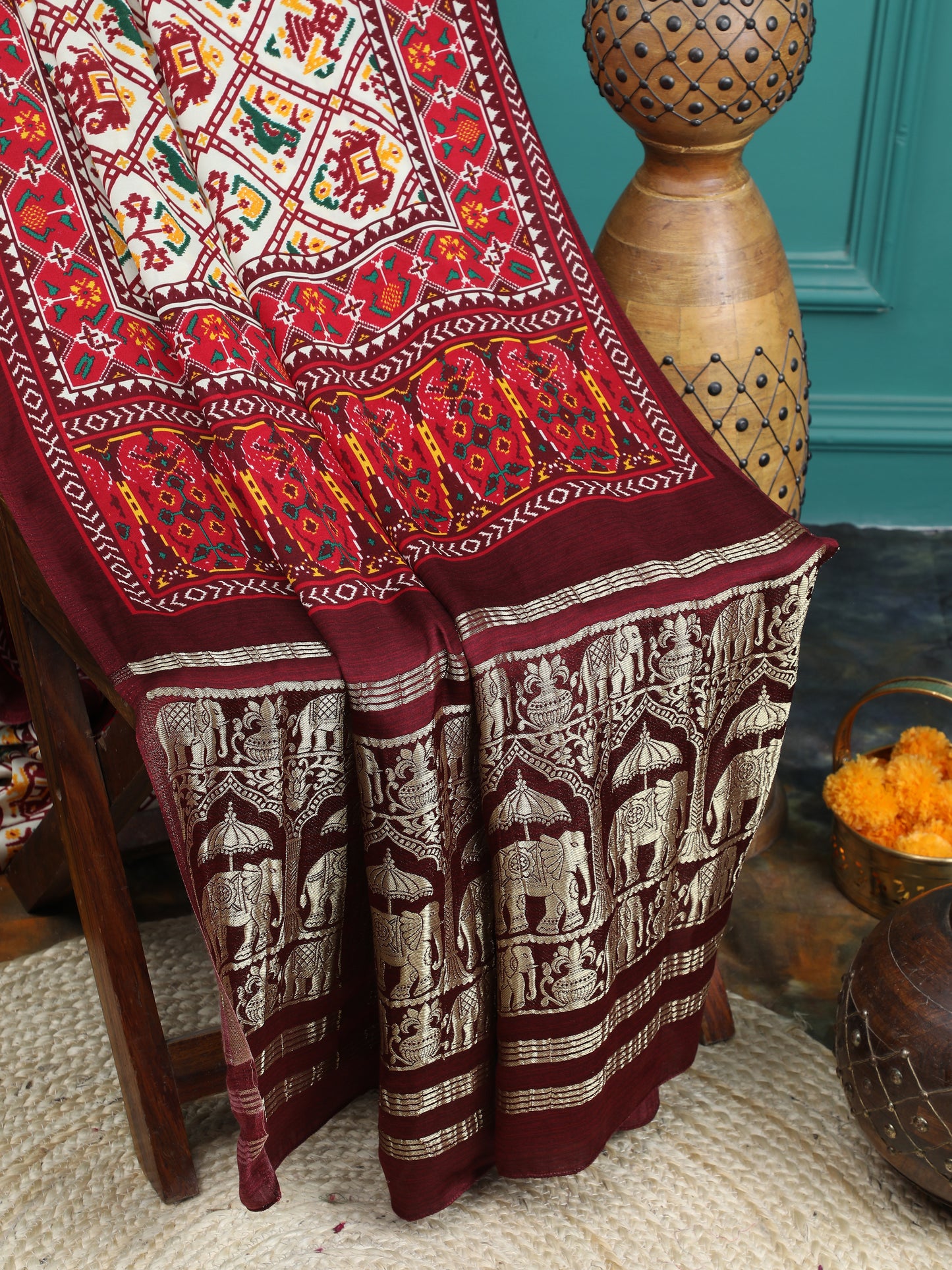 patola ikkat maroon & offwhite print saree with hathi banarasi pallu