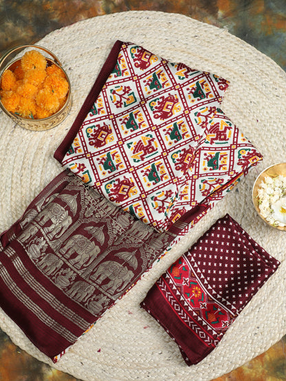 PATOLA IKKAT MAROON & OFFWHITE PRINT SAREE WITH HATHI BANARASI PALLU
