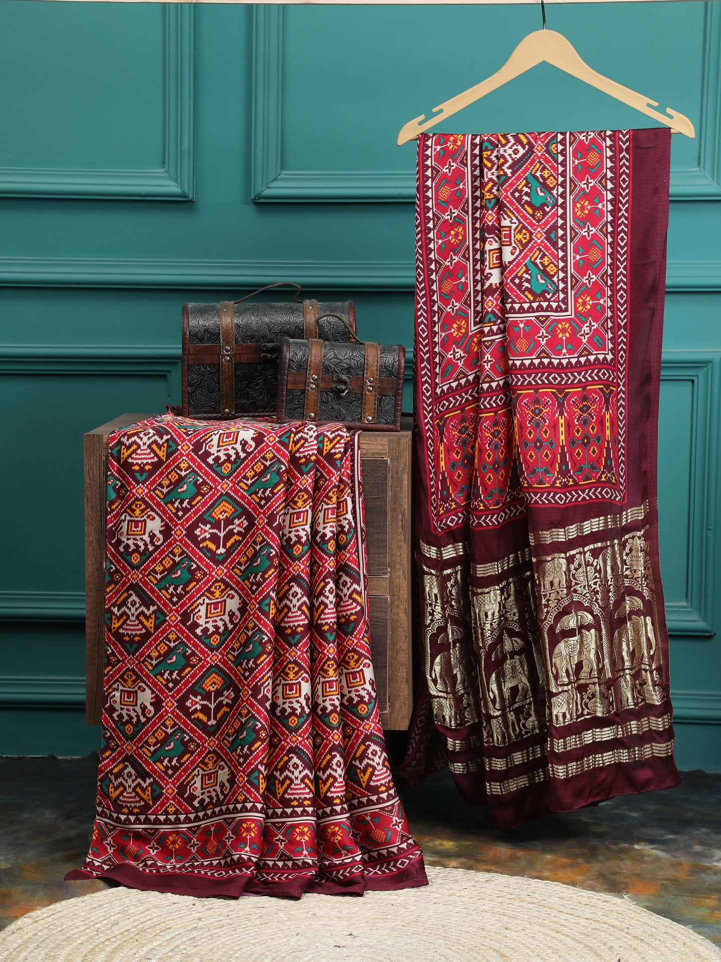 cofee & maroon ikkat saree with banarasi pallu