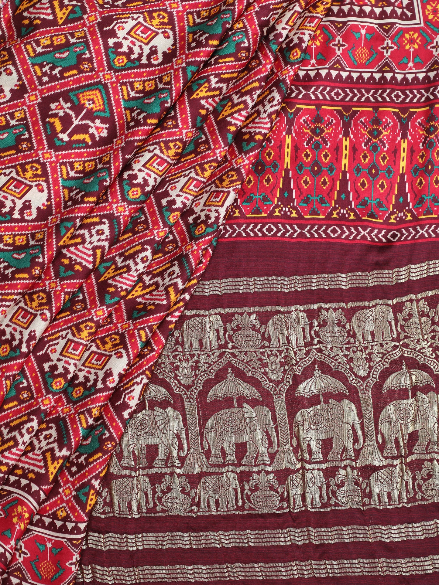 cofee & maroon ikkat saree with banarasi pallu