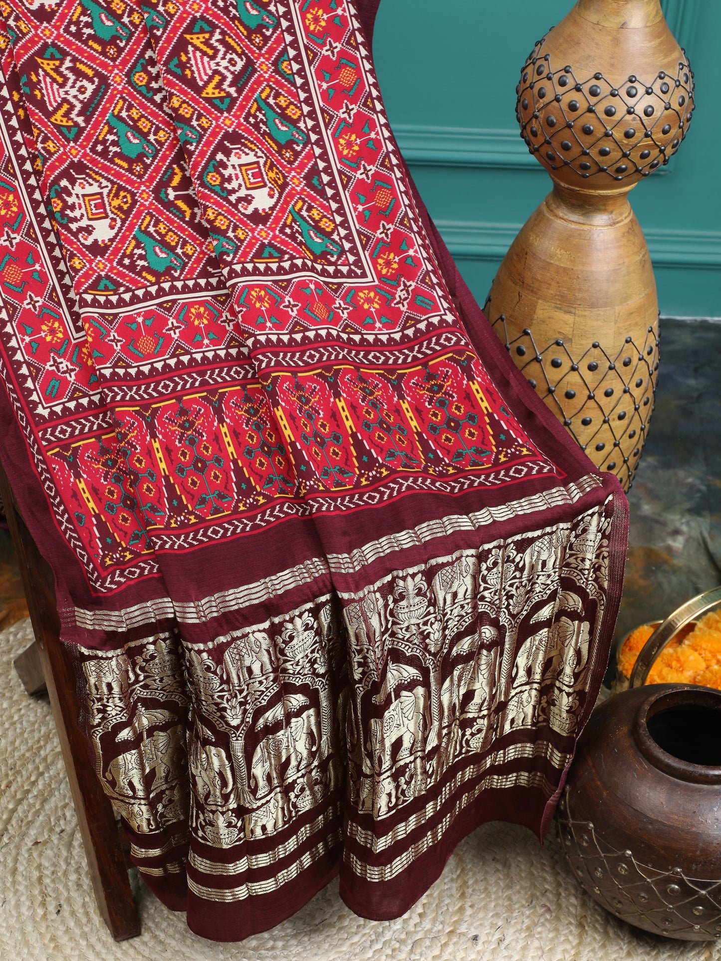 cofee & maroon ikkat saree with banarasi pallu