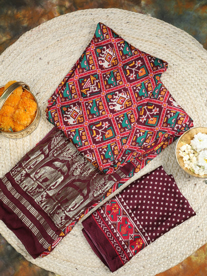 COFEE & MAROON IKKAT SAREE WITH BANARASI PALLU