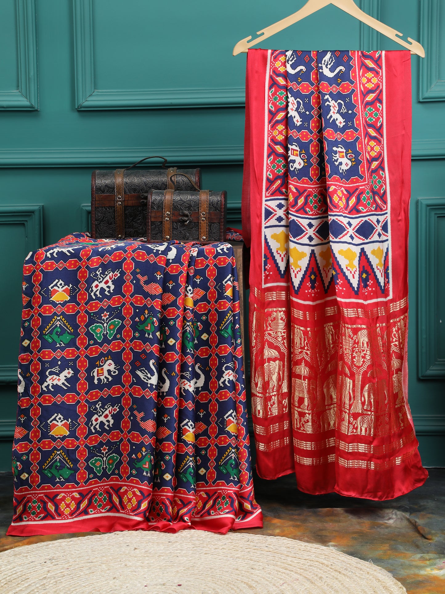 red & blue ikkat saree with tissue pallu