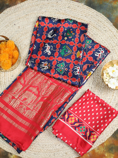 RED & BLUE IKKAT SAREE WITH TISSUE PALLU