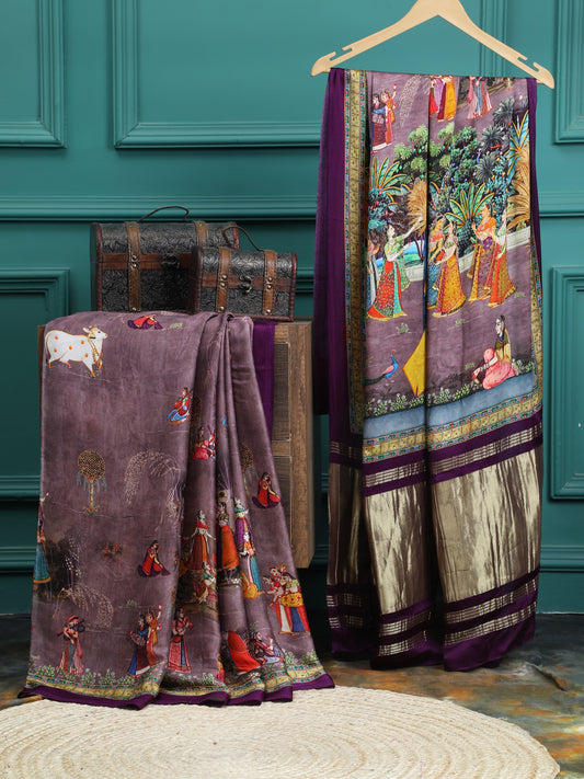 PURPLE PICHWAI SHRINATHJI PRINT SAREE WITH HATHI TISSUE PALLU SAREE