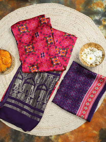 PURPLE & RANI IKKAT SAREE WITH TISSUE PALLU