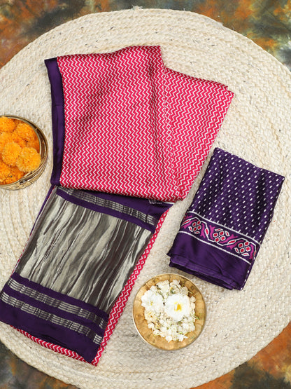 PURPLE & RANI IKKAT LEHRIYA SAREE WITH TISSUE PALLU