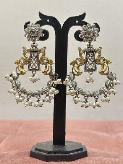 Antique Silver Dual-Tone Peacock Chandbali Earrings
