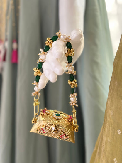 Kundan & Pearl Embellished Mini Gold Clutch