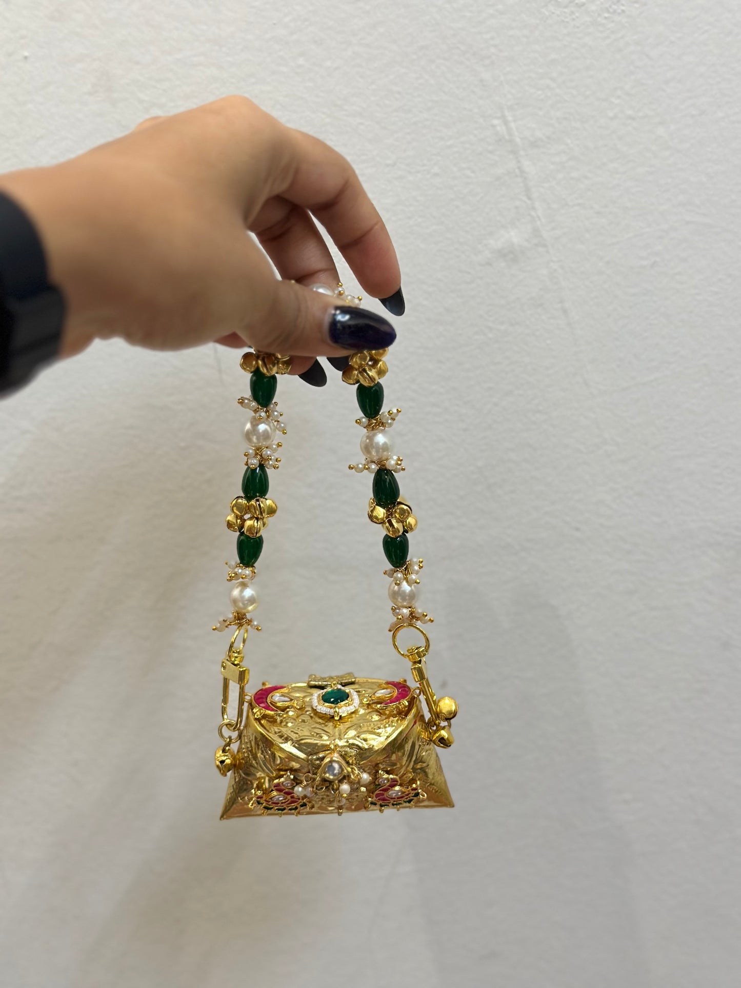 kundan & pearl embellished mini gold clutch