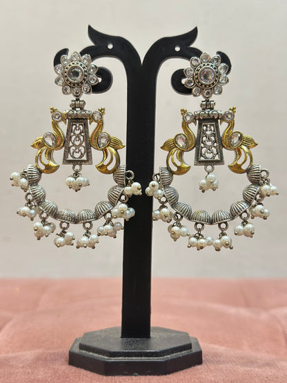 Antique Silver Dual-Tone Peacock Chandbali Earrings