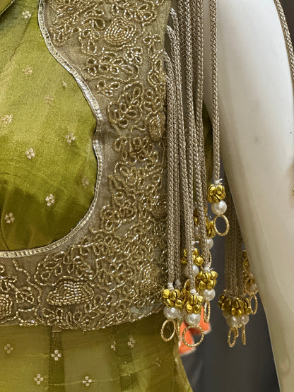 Olive Green Set with Hand-Embroidered Cape Jacket