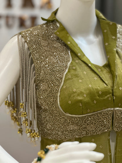 Olive Green Set with Hand-Embroidered Cape Jacket