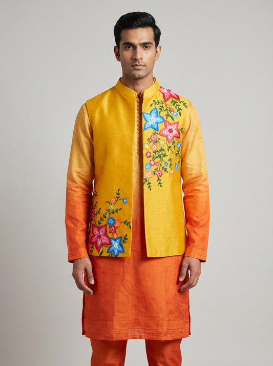 Vibrant Yellow & Orange Floral Embroidered Set