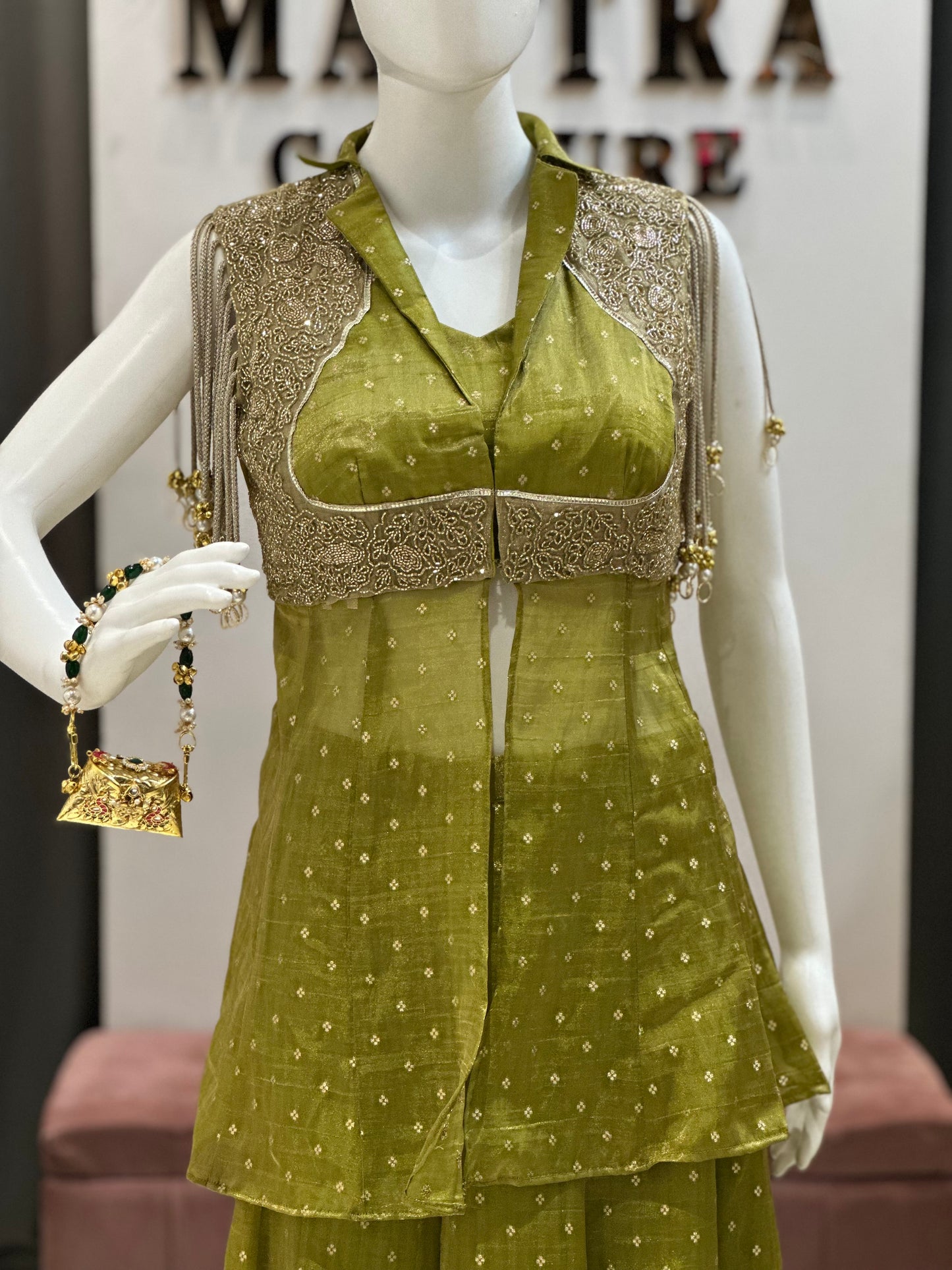 olive green set with hand-embroidered cape jacket