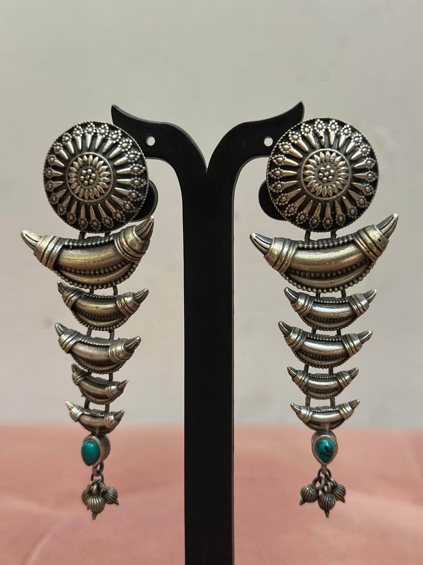 antique silver tribal crescent drop earrings