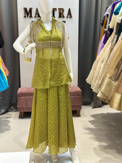 Olive Green Set with Hand-Embroidered Cape Jacket