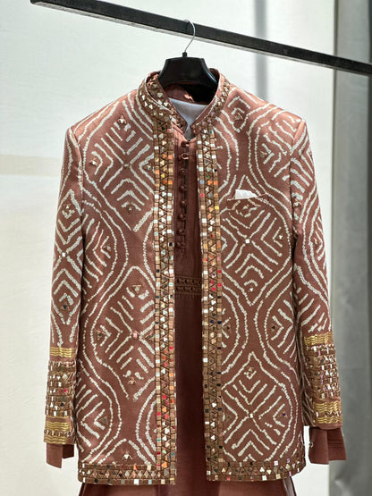 Regal Brown Geometric Mirror Work Kurta Set with Jacket