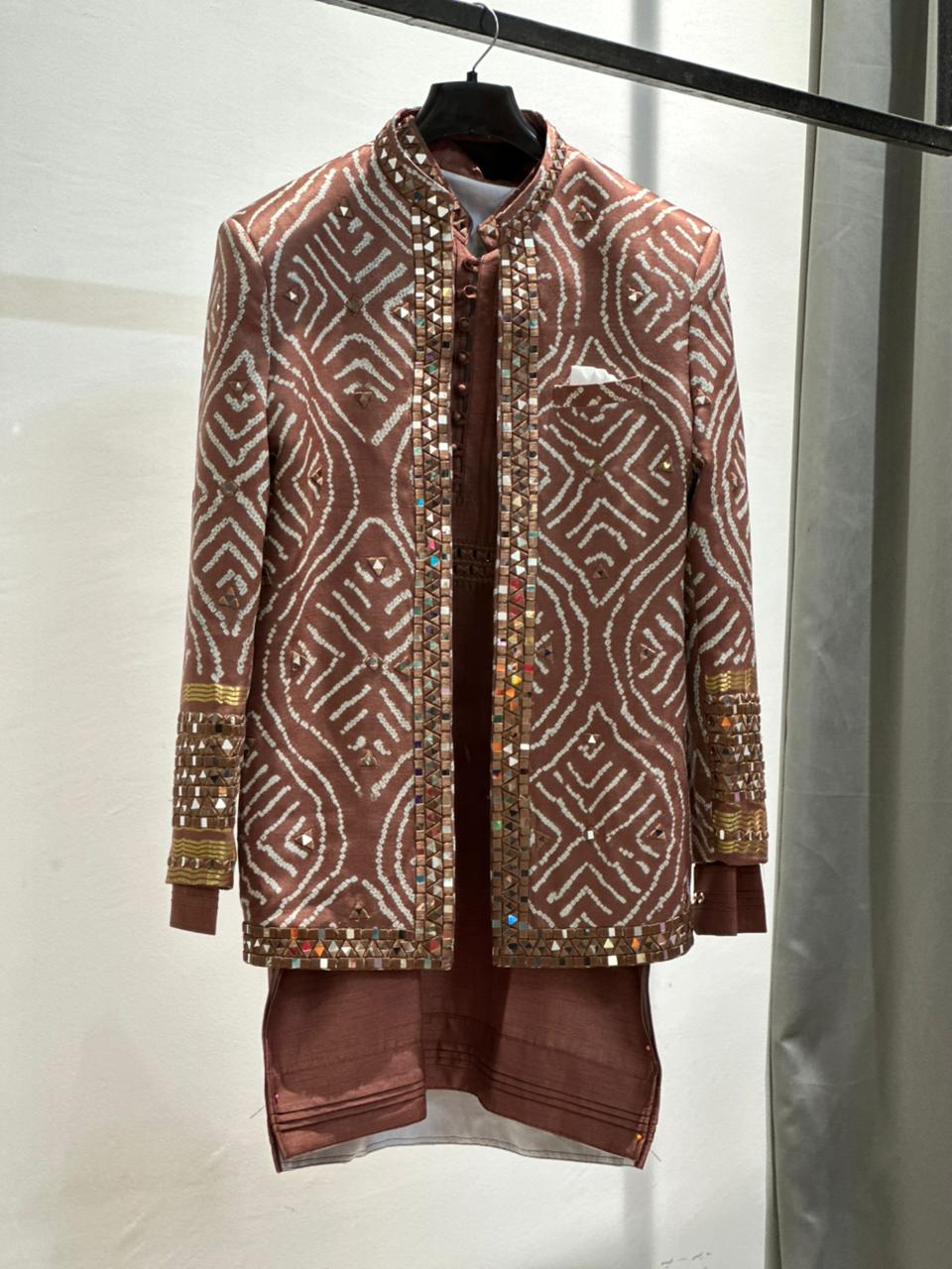 regal brown geometric mirror work kurta set with jacket