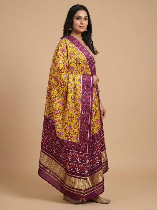 PURPLE & YELLOW IKKAT PATOLA PRINT DUPATTA