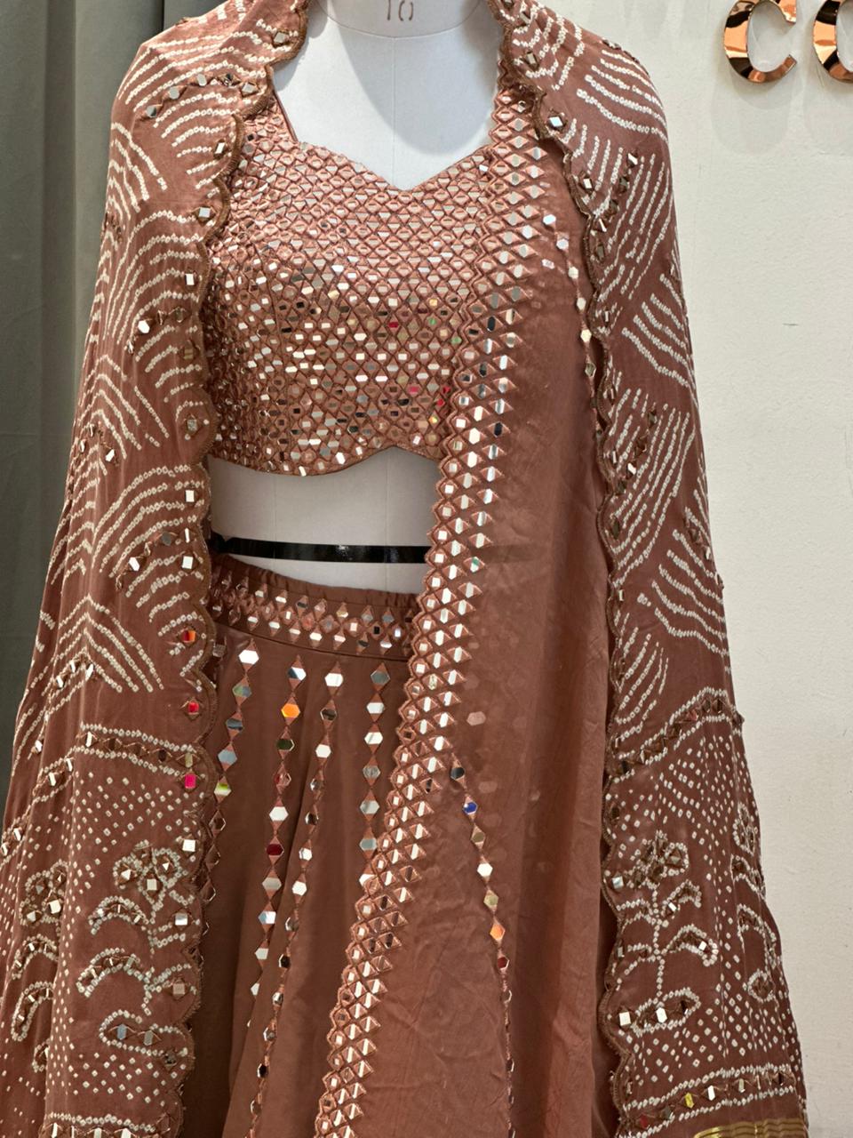 aaina chocolate mirror work lehenga set