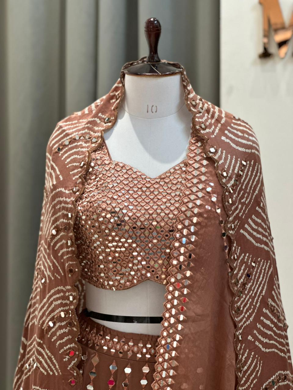 aaina chocolate mirror work lehenga set