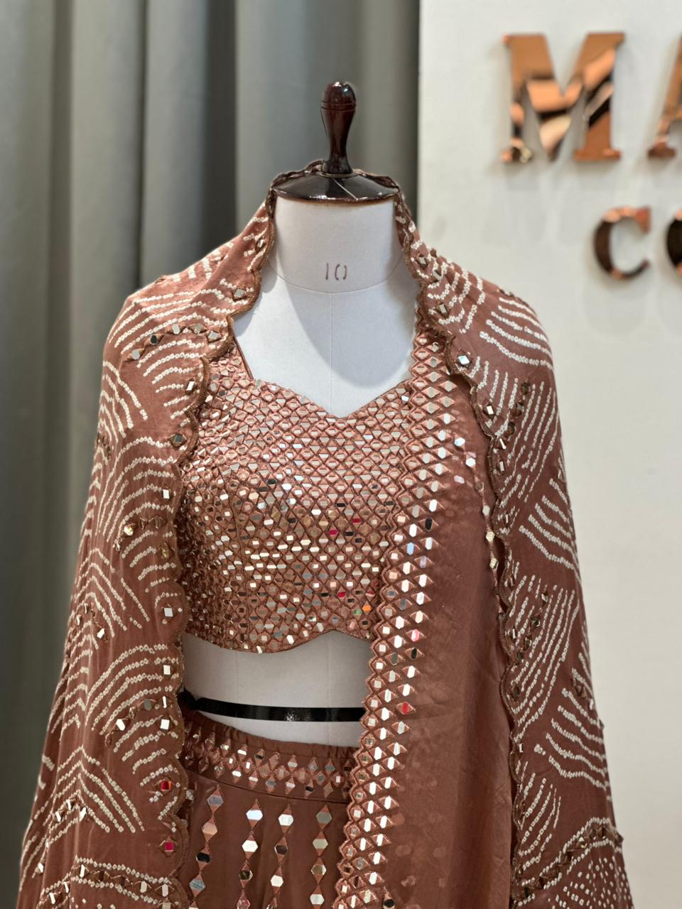 aaina chocolate mirror work lehenga set