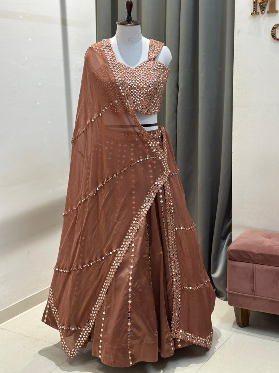 aaina chocolate mirror work lehenga set